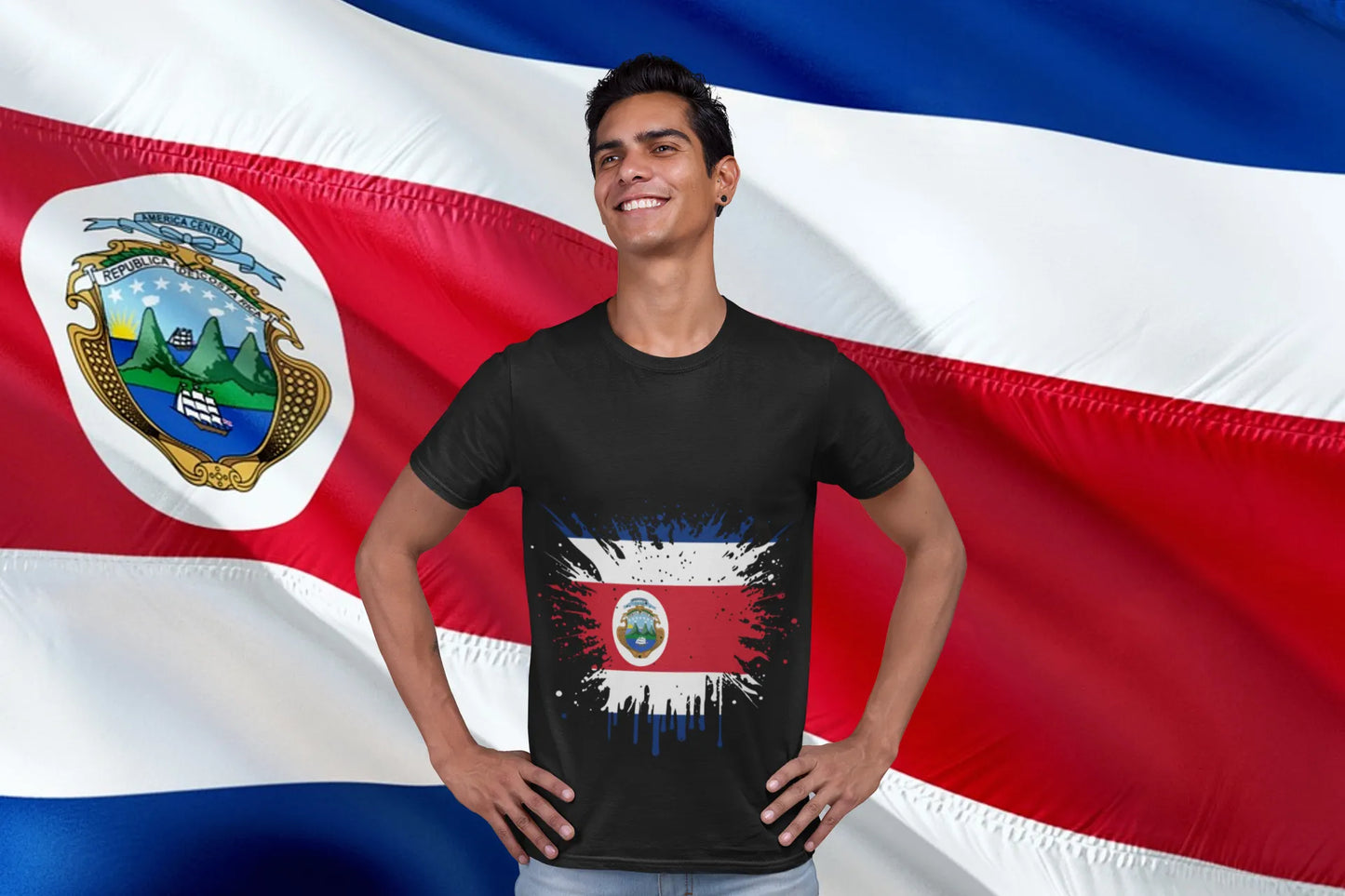 Costa Rica Flag Grunge Splatter – Blue White Red with Coat of Arms and Drips