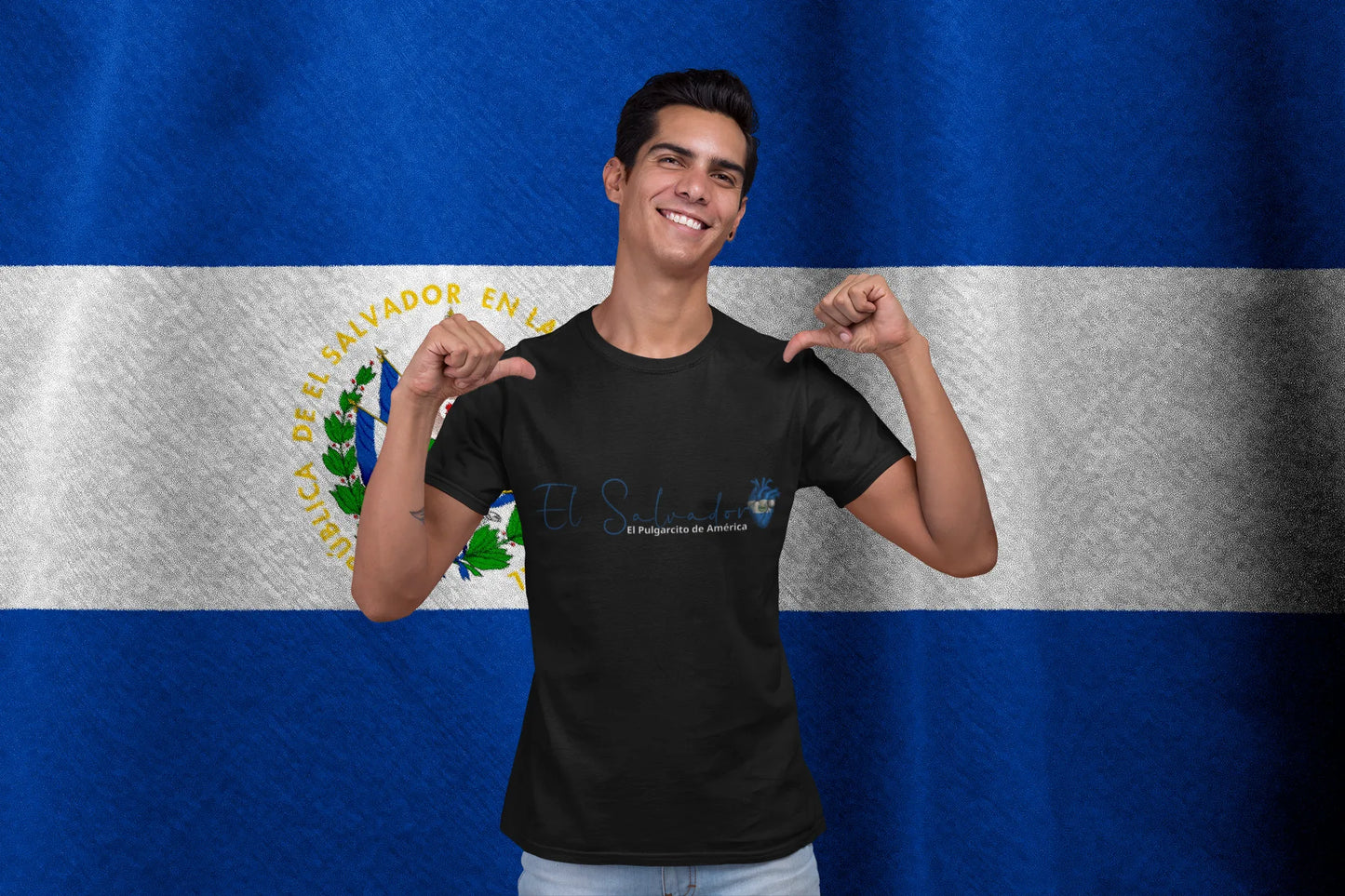 El Salvador 'El Pulgarcito de América' Typography T-Shirt with Anatomical Flag Heart