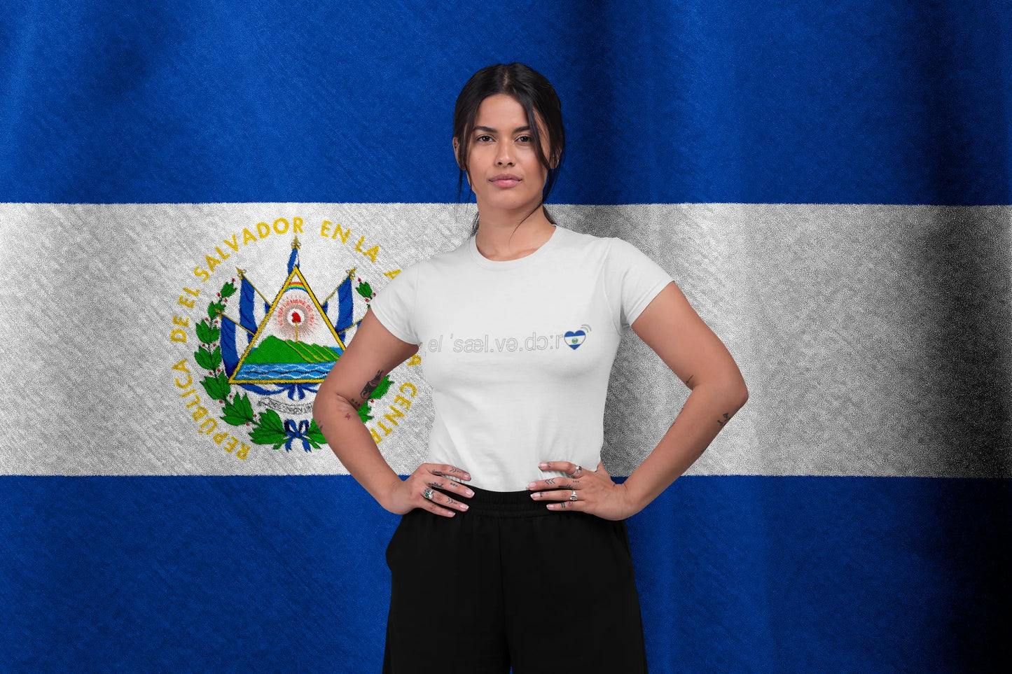 Phonetic 'El Salvador' Art T-Shirt with Salvadoran Flag Heart