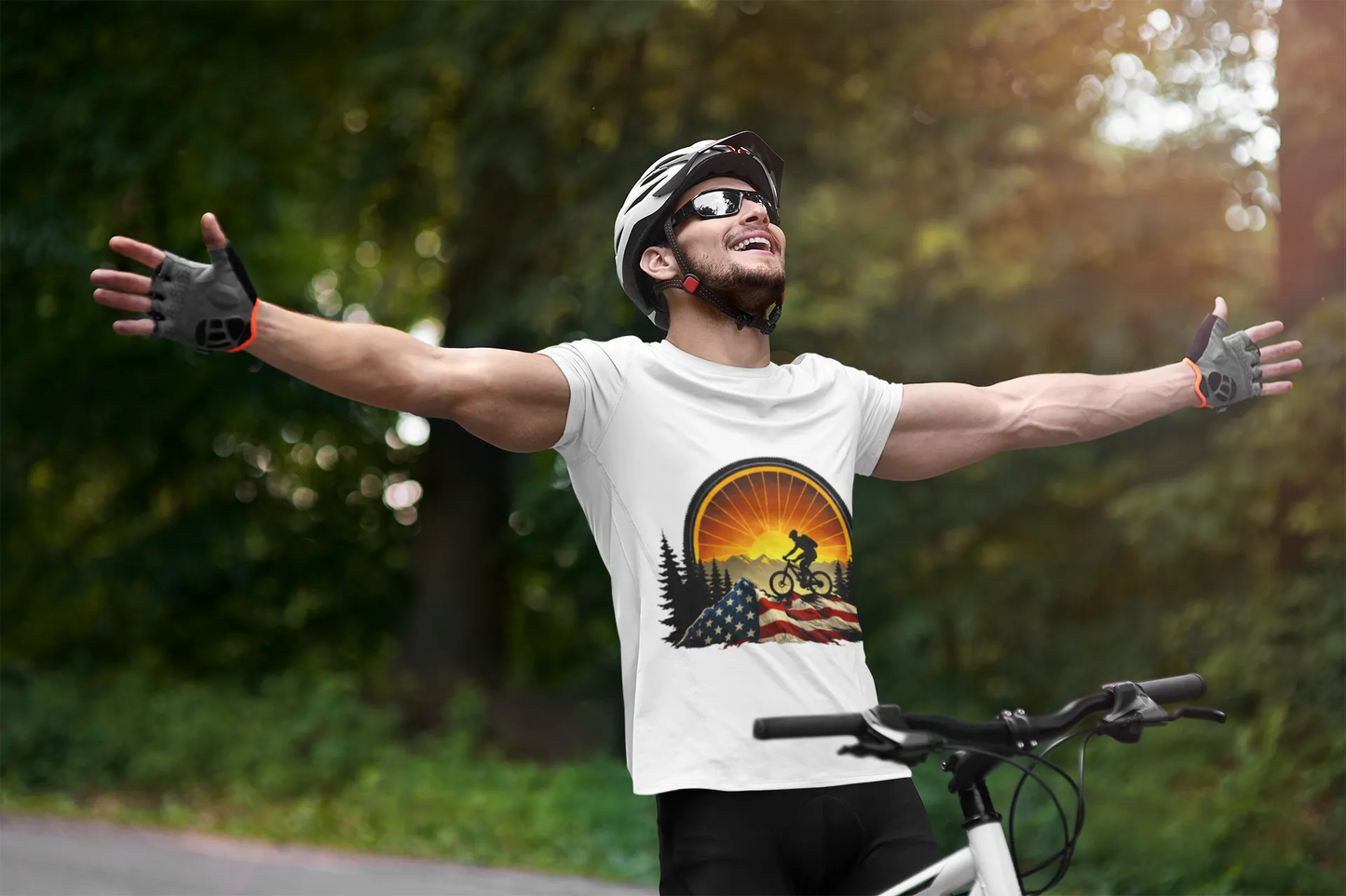 Mountain Biking Sunset T-Shirt β American Flag MTB Shirt, USA Patriotic Cycling Tee