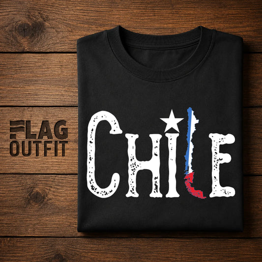Chile Map & Star Typography T-Shirt - Chilean Flag Art