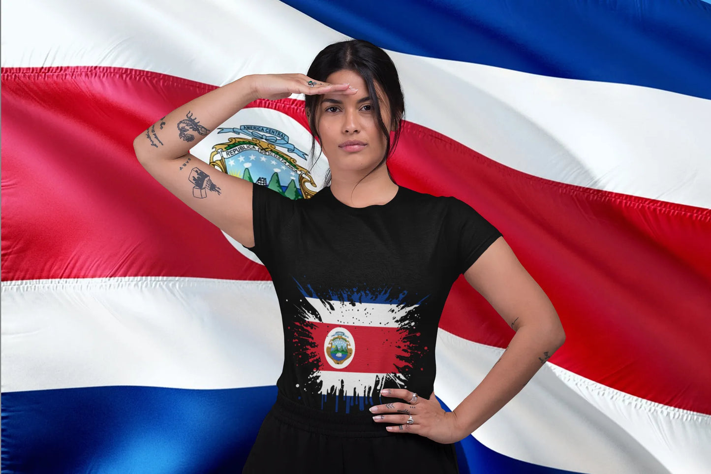 Costa Rica Flag Grunge Splatter – Blue White Red with Coat of Arms and Drips