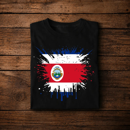Costa Rica Flag Grunge Splatter – Blue White Red with Coat of Arms and Drips