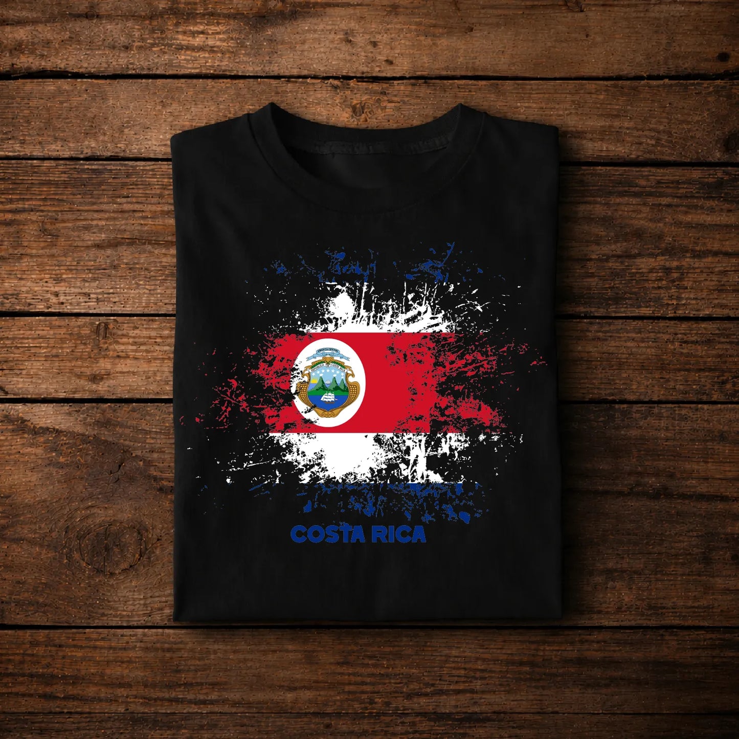 Costa Rica Flag Grunge – Distressed Paint Splatter with Coat of Arms and Text