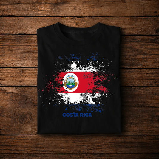 Costa Rica Flag Grunge – Distressed Paint Splatter with Coat of Arms and Text