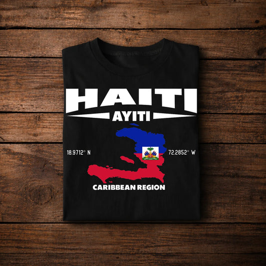 Haiti Map Coordinates T-Shirt – Haitian Flag Geographic Caribbean Sea Design
