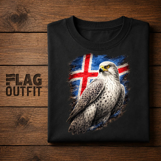 Icelandic Gyrfalcon & Flag T-Shirt - National Bird Brushstroke Art