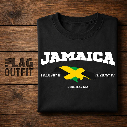 Jamaica Map & Flag T-Shirt with GPS Coordinates (18.1096 N, 77.2975 W) - Caribbean Sea Art