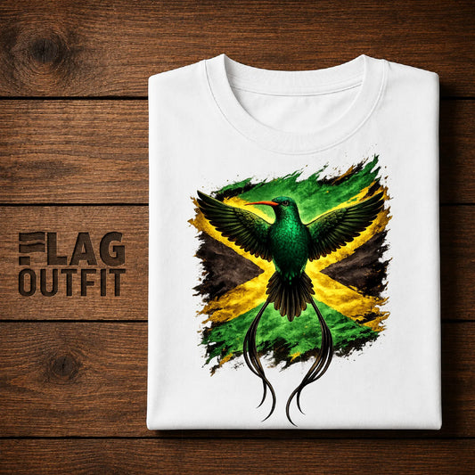 Jamaica Flag & National Hummingbird Art T-Shirt - Green Brushstroke Design