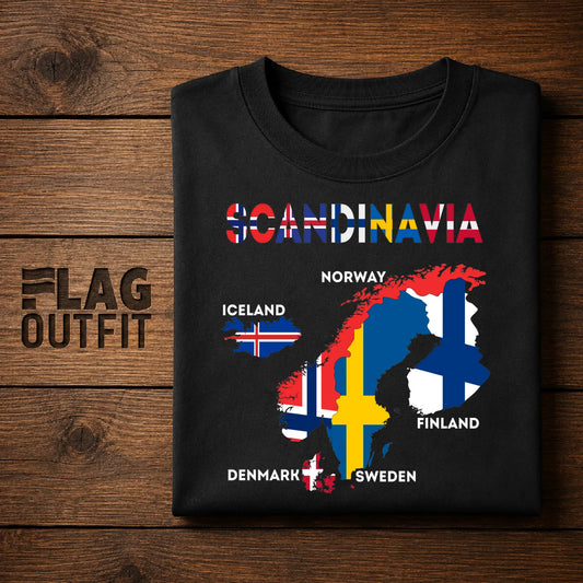 Scandinavia Map and Flags Art T-Shirt - Norway, Sweden, Finland, Denmark and Iceland
