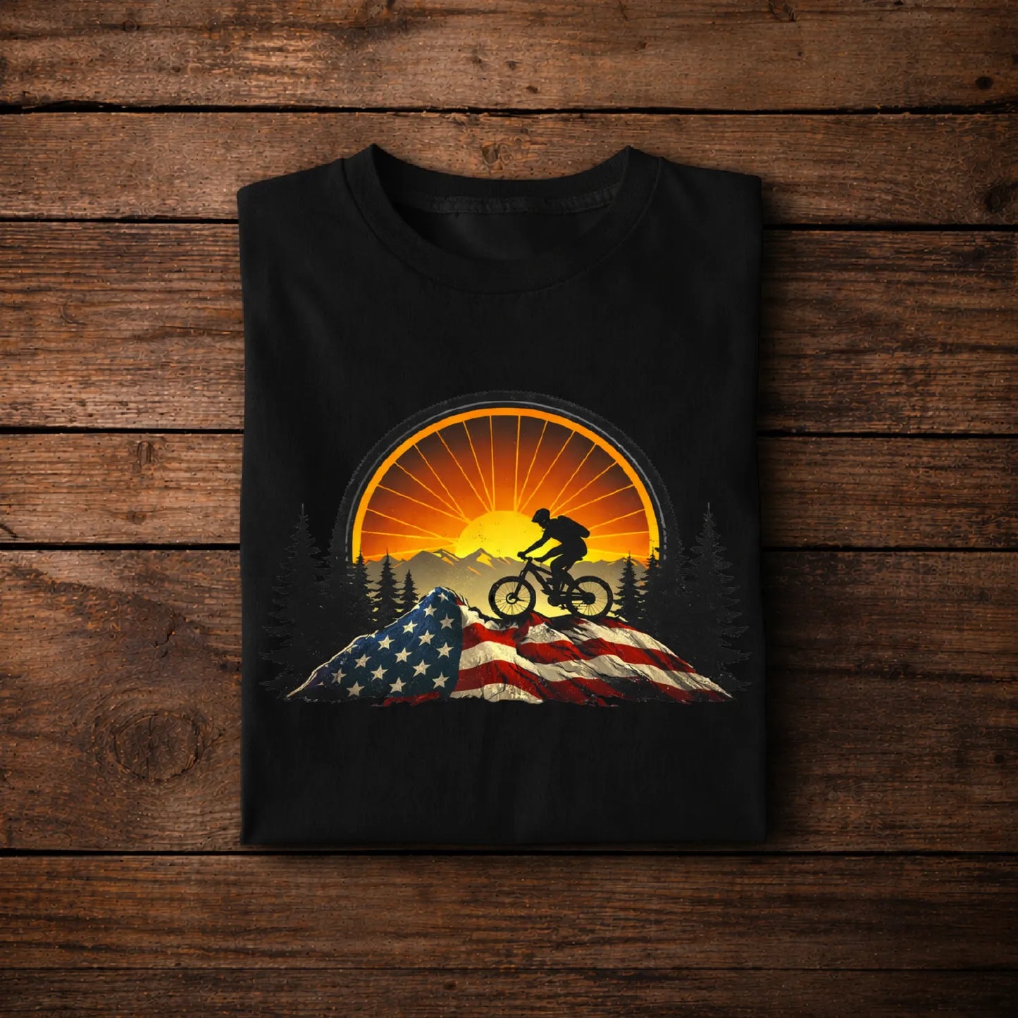 Mountain Biking Sunset T-Shirt – American Flag MTB Shirt, USA Patriotic Cycling Tee