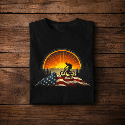 Mountain Biking Sunset T-Shirt – American Flag MTB Shirt, USA Patriotic Cycling Tee