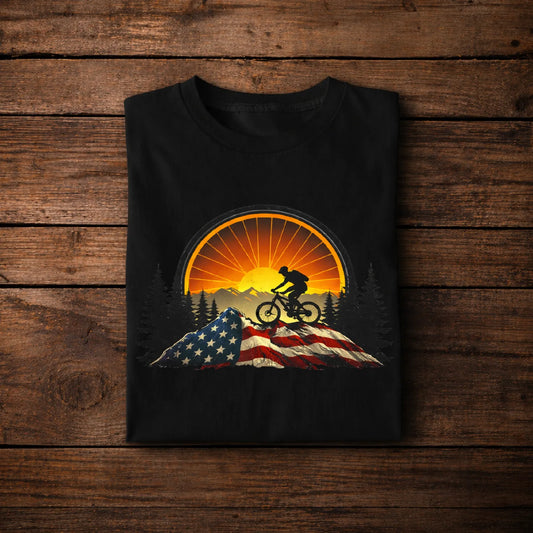 Mountain Biking Sunset T-Shirt – American Flag MTB Shirt, USA Patriotic Cycling Tee