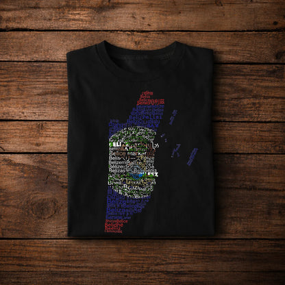 Belize Flag Map Shirt – Multilingual Belize Typography Design