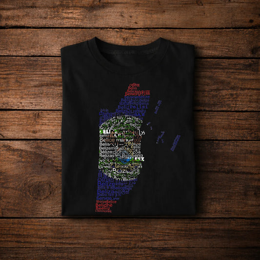 Belize Flag Map Shirt – Multilingual Belize Typography Design