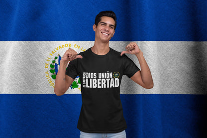 Patriotic El Salvador Clothing featuring 'DIOS UNIÓN LIBERTAD' t-shirt with Coat of Arms against El Salvador flag.