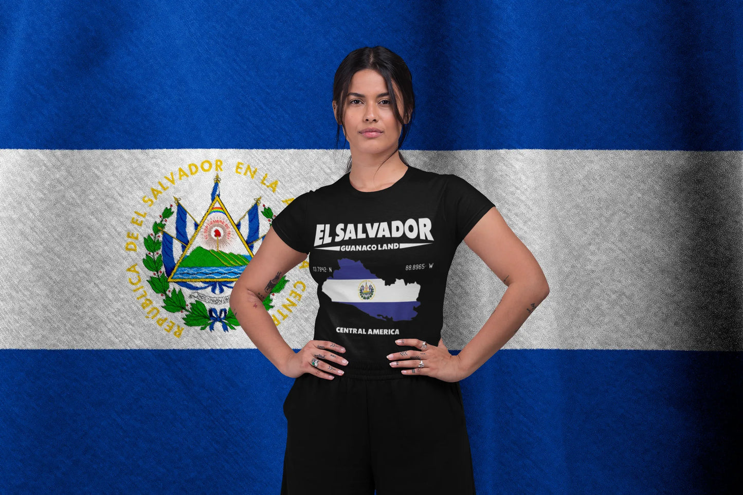 El Salvador 'Guanaco Land' Map T-Shirt with Coordinates (13.7942° N, 88.8965° W)