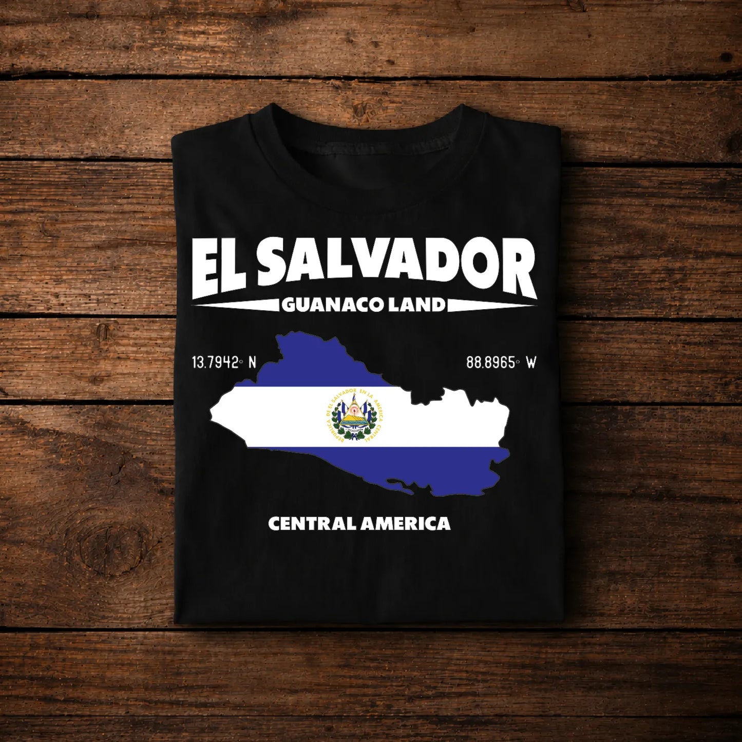 El Salvador 'Guanaco Land' Map T-Shirt with Coordinates (13.7942° N, 88.8965° W)