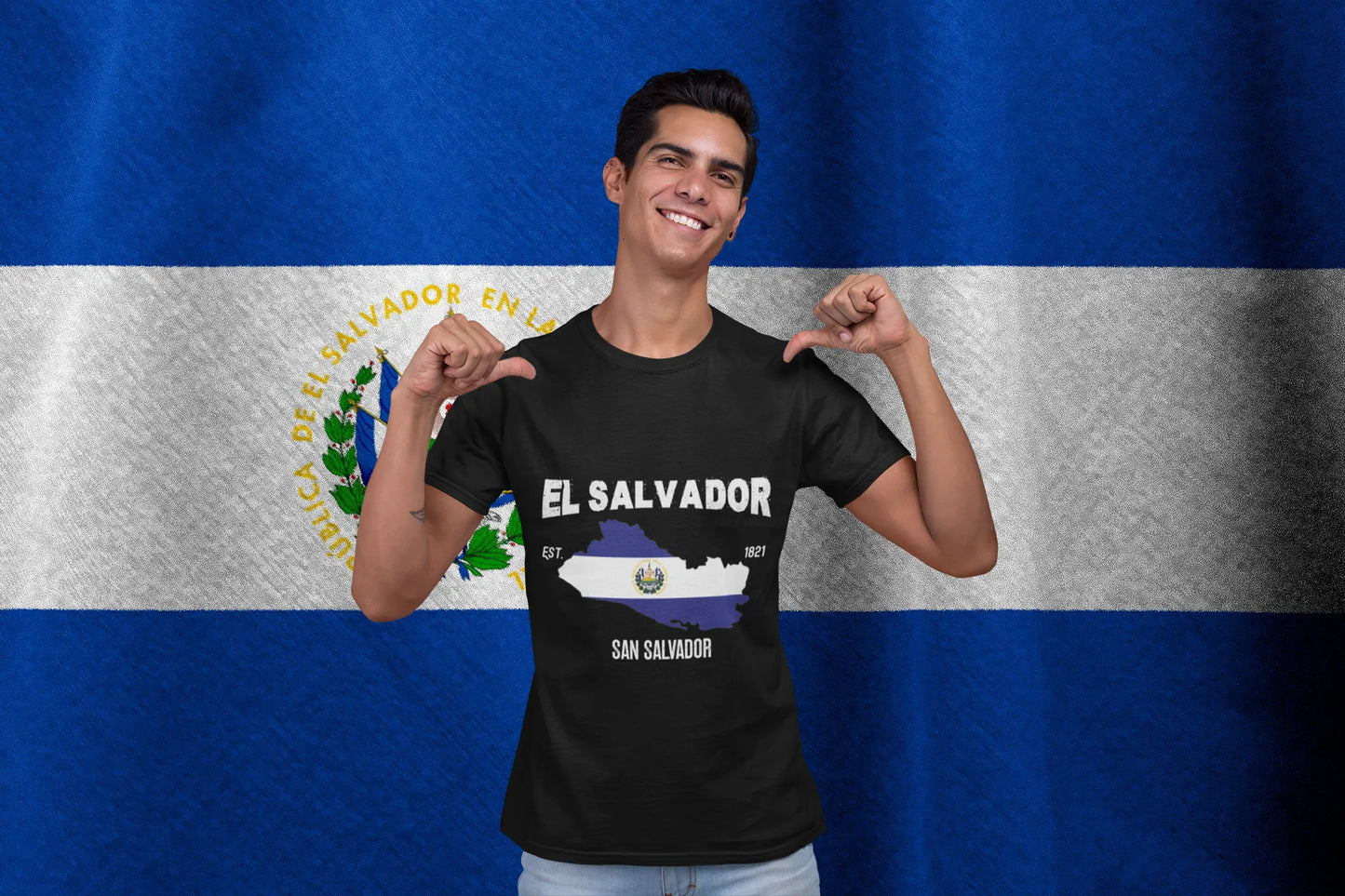 El Salvador Map Flag T-Shirt with Capital (San Salvador) & Independence Year 1821