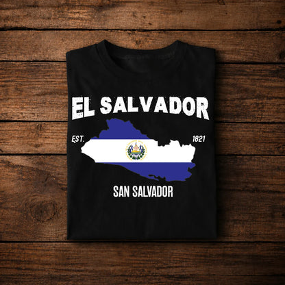 El Salvador Map Flag T-Shirt with Capital (San Salvador) & Independence Year 1821