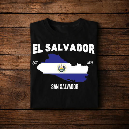 El Salvador Map Flag T-Shirt with Capital (San Salvador) & Independence Year 1821