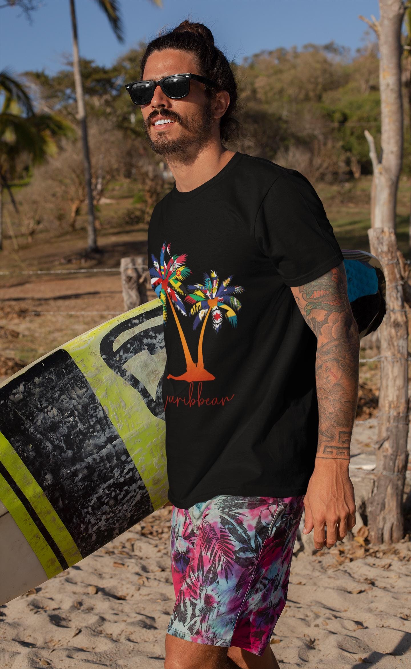 Caribbean Flags Palm Tree T-Shirt | Caribbean Islands Pride Shirt | Tropical Flag Art | Caribbean Heritage Gift