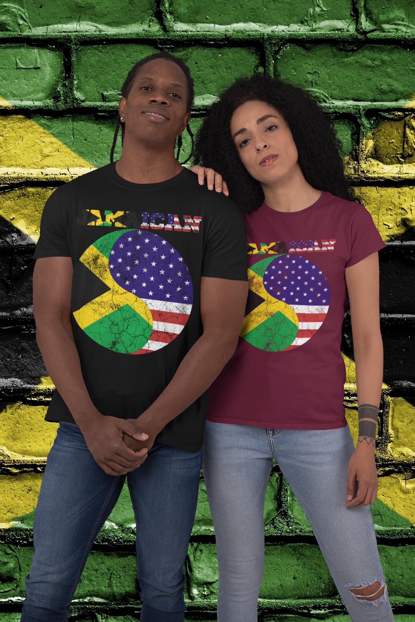JAMAICAN Dual Heritage T-Shirt - Jamaica & USA Flag Text Art