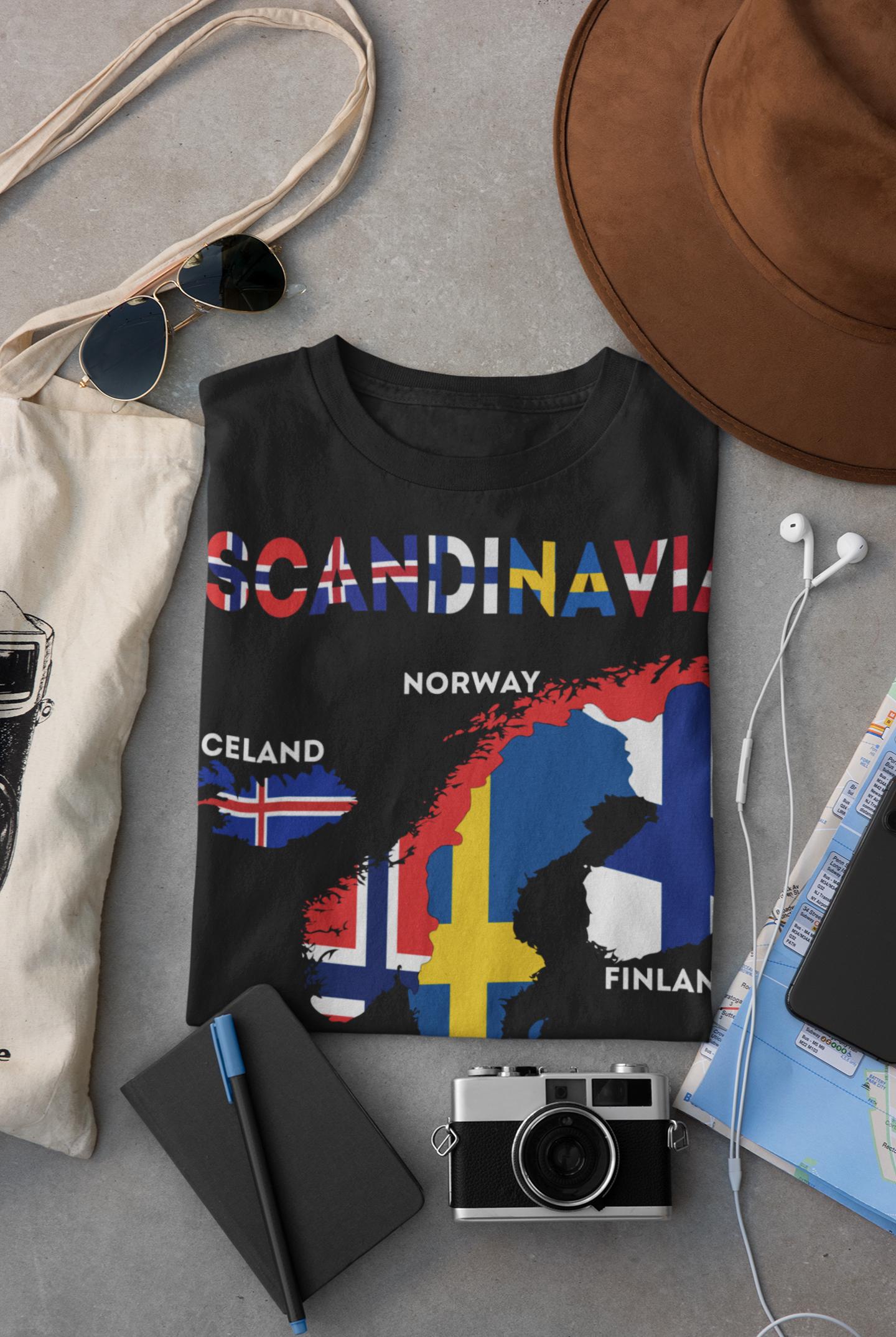 Scandinavia Map and Flags Art T-Shirt - Norway, Sweden, Finland, Denmark and Iceland