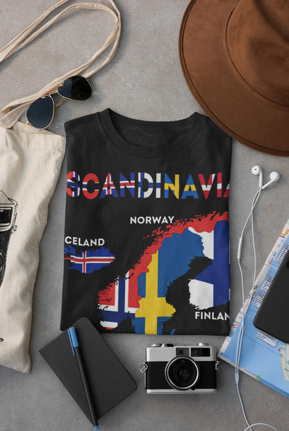 Scandinavia Map and Flags Art T-Shirt - Norway, Sweden, Finland, Denmark and Iceland