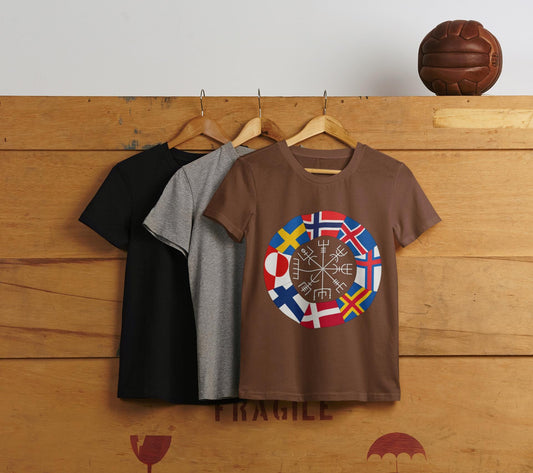 Nordic Flags Circle T-Shirt - Viking Compass Vegvísir & Scandinavian Heritage