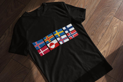 Complete 8 Nordic Flags Grid T-Shirt - Iceland, Åland, Sweden, Finland, Denmark, Greenland, Faroe Islands & Norway
