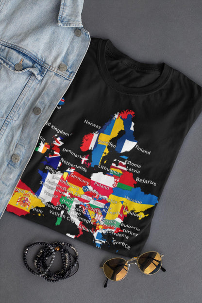 Europe Map with Flags T-Shirt - Detailed European Geography & Travel Art