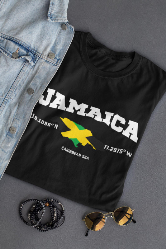 Jamaica Map & Flag T-Shirt with GPS Coordinates (18.1096 N, 77.2975 W) - Caribbean Sea Art