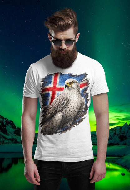 Icelandic Gyrfalcon & Flag T-Shirt - National Bird Brushstroke Art