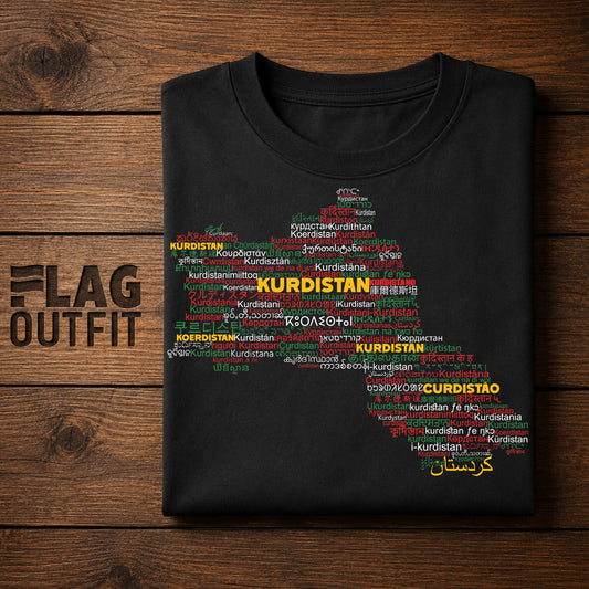 Kurdistan Map in World Languages Typography Shirt | Multilingual Kurdish Heritage Design