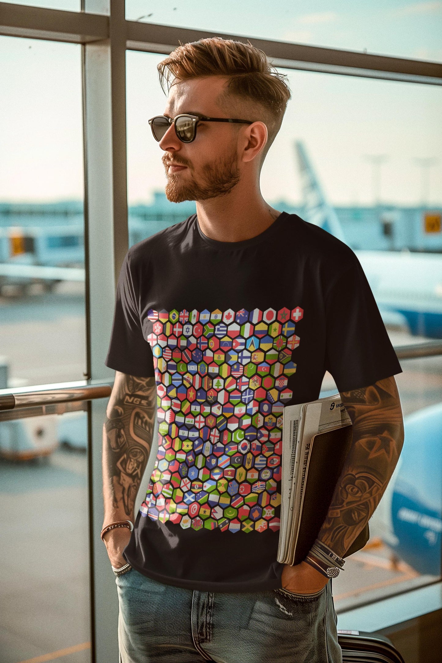 Hexagon World Flags T-Shirt | Global Flag Mosaic Shirt | Country Flags Design | Geography Lover Gift | Travel Tee