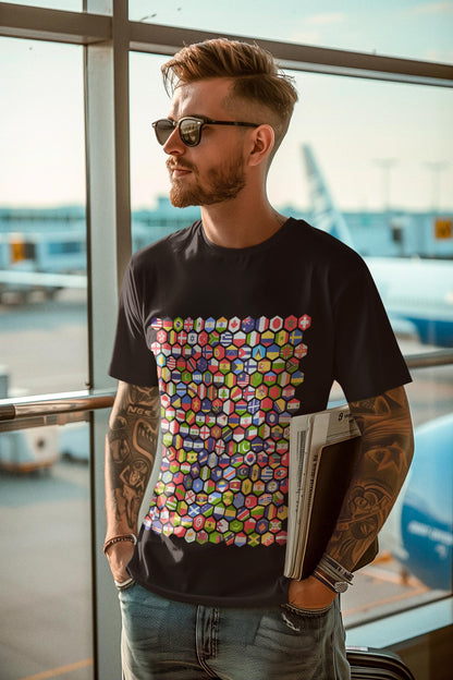 Hexagon World Flags T-Shirt | Global Flag Mosaic Shirt | Country Flags Design | Geography Lover Gift | Travel Tee