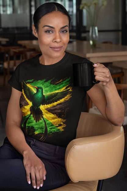 Jamaica Flag & National Hummingbird Art T-Shirt - Green Brushstroke Design