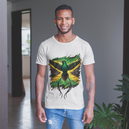 Jamaica Flag & National Hummingbird Art T-Shirt - Green Brushstroke Design