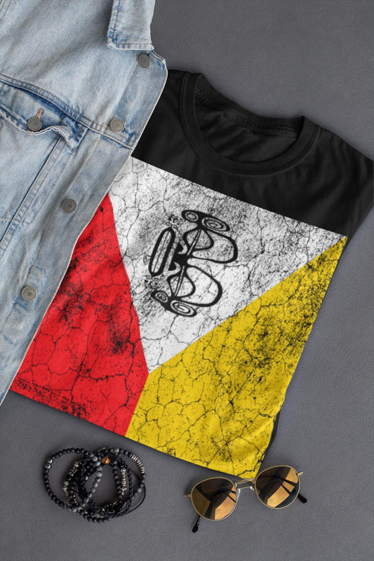 Marquesas Islands Flag Distressed Art T-Shirt - Red & Yellow Mataki Symbol