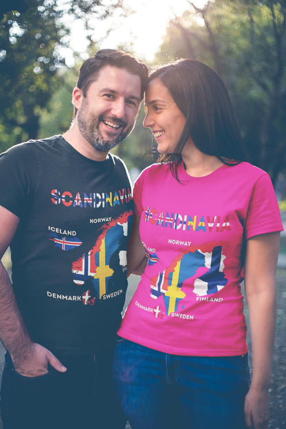 Scandinavia Map and Flags Art T-Shirt - Norway, Sweden, Finland, Denmark and Iceland