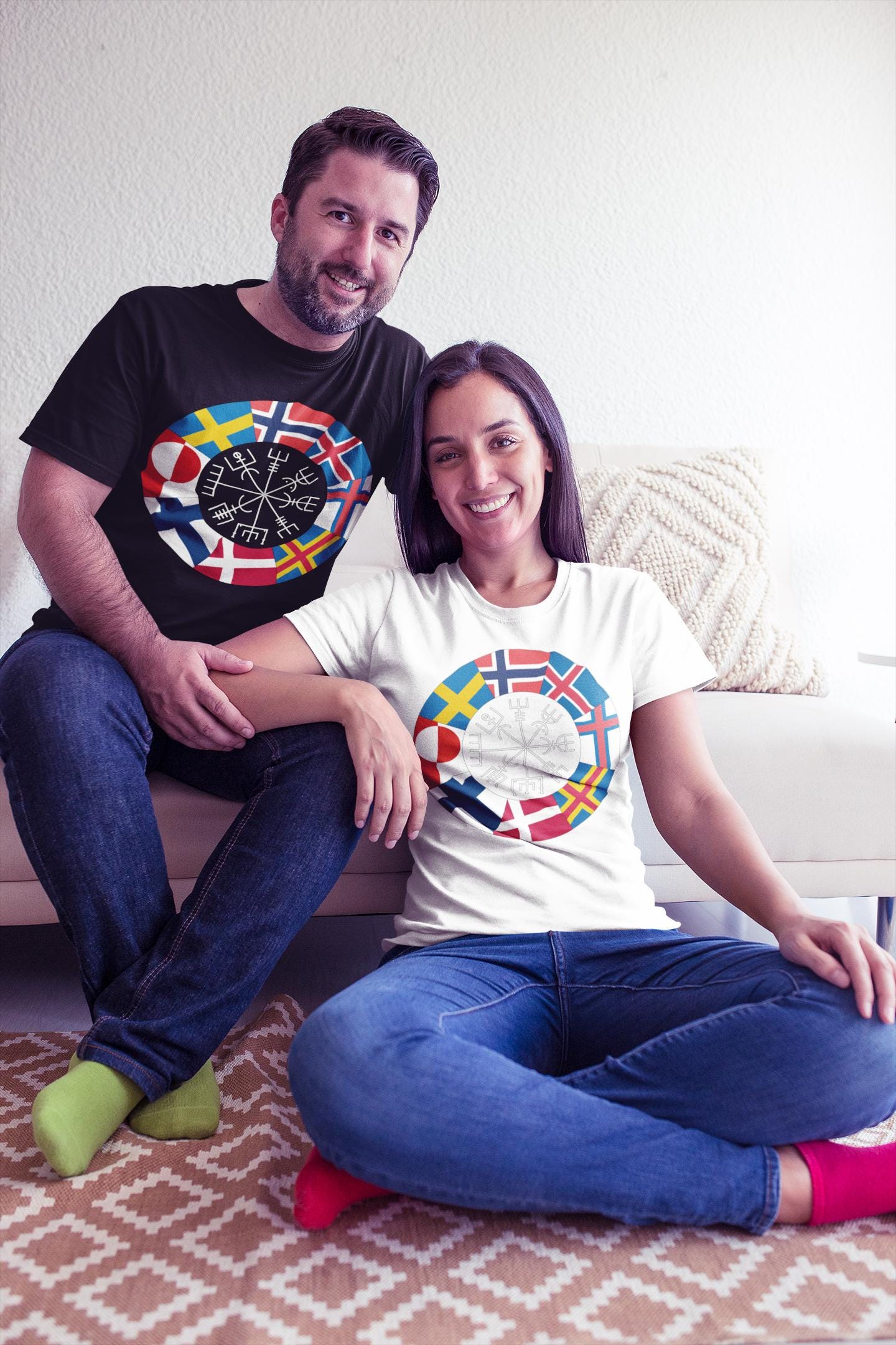 Nordic Flags Circle T-Shirt - Viking Compass Vegvísir & Scandinavian Heritage