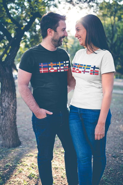 Complete 8 Nordic Flags Grid T-Shirt - Iceland, Åland, Sweden, Finland, Denmark, Greenland, Faroe Islands & Norway