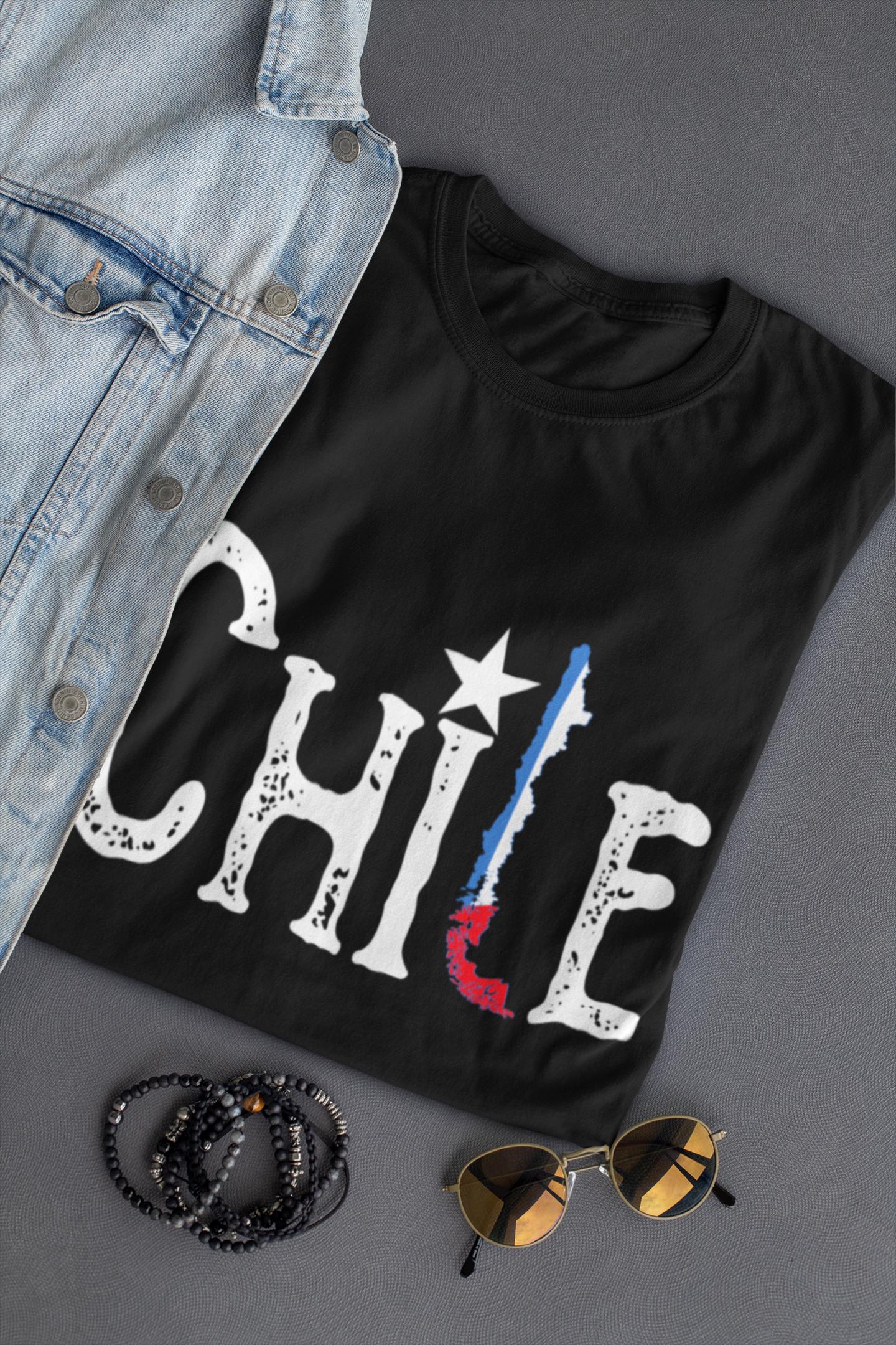 Chile Map & Star Typography T-Shirt - Chilean Flag Art