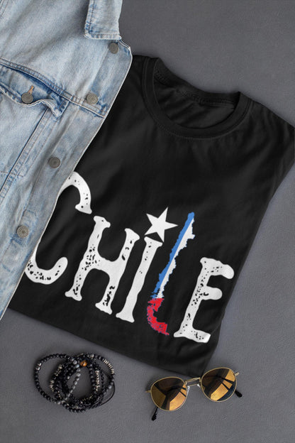 Chile Map & Star Typography T-Shirt - Chilean Flag Art