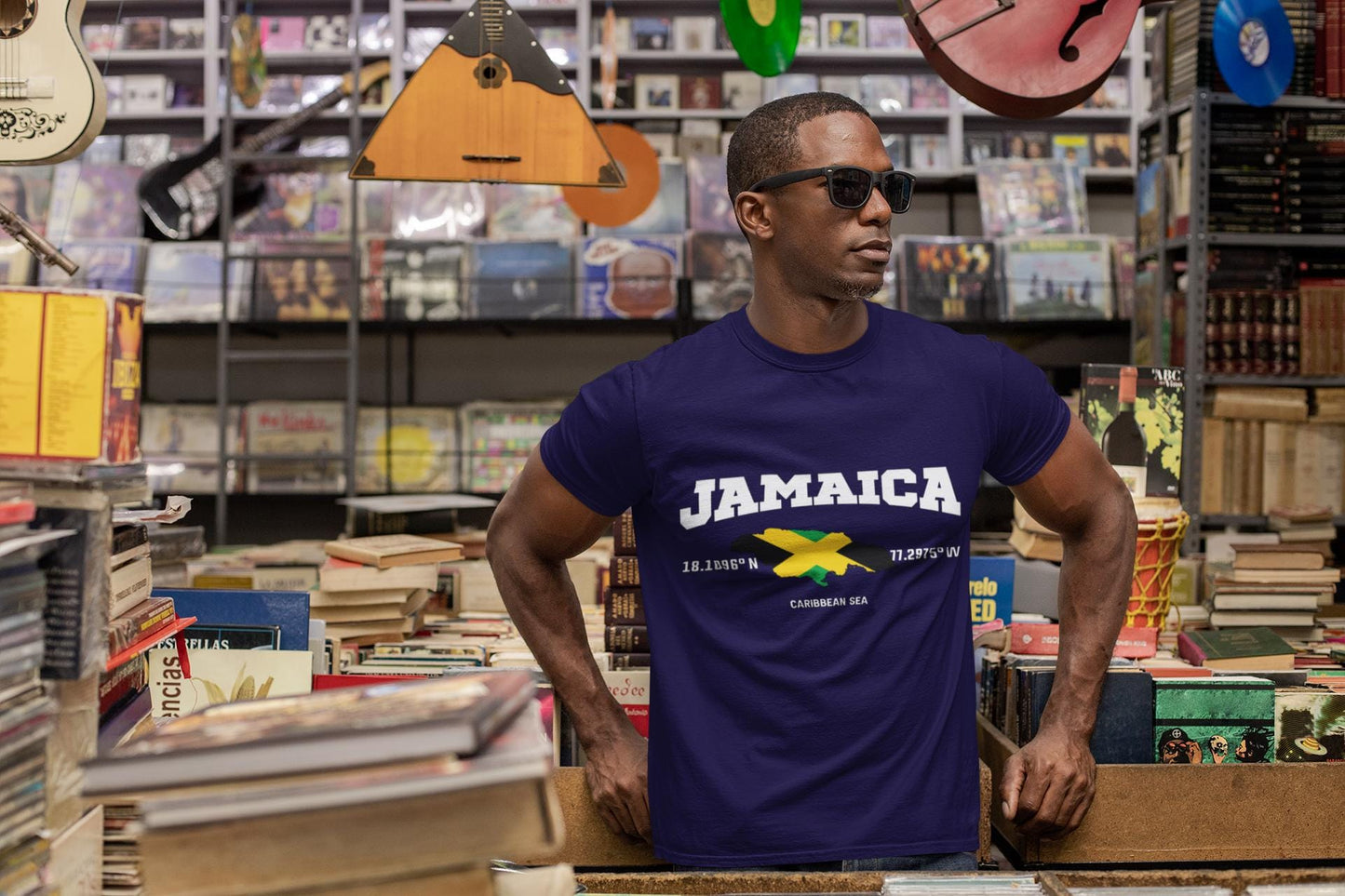 Jamaica Map & Flag T-Shirt with GPS Coordinates (18.1096 N, 77.2975 W) - Caribbean Sea Art
