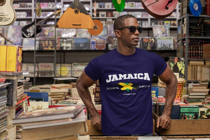 Jamaica Map & Flag T-Shirt with GPS Coordinates (18.1096 N, 77.2975 W) - Caribbean Sea Art