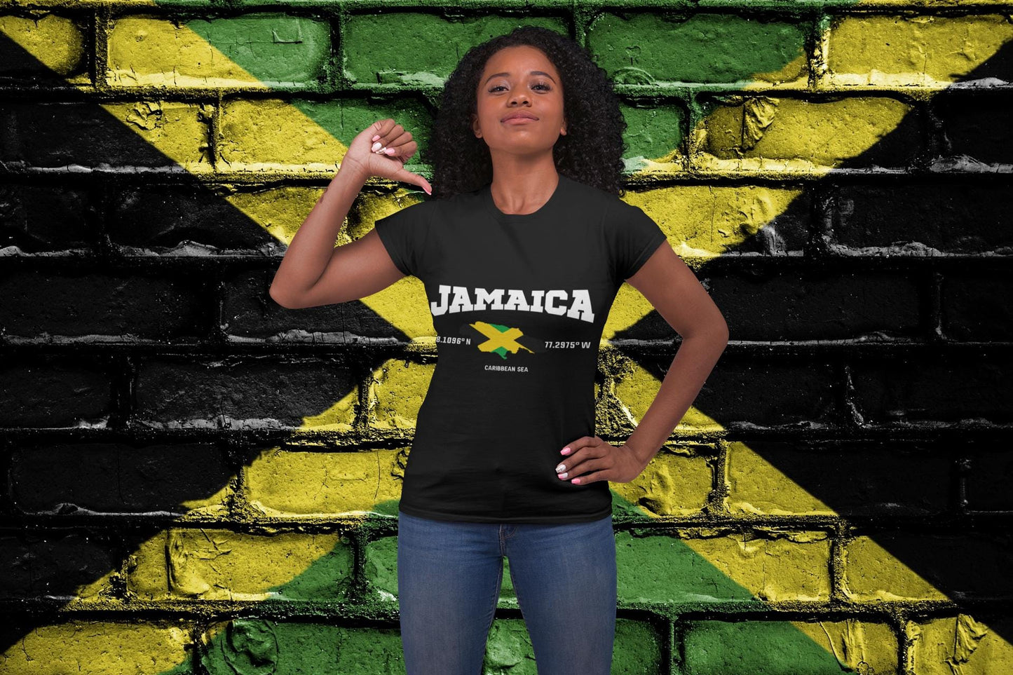 Jamaica Map & Flag T-Shirt with GPS Coordinates (18.1096 N, 77.2975 W) - Caribbean Sea Art