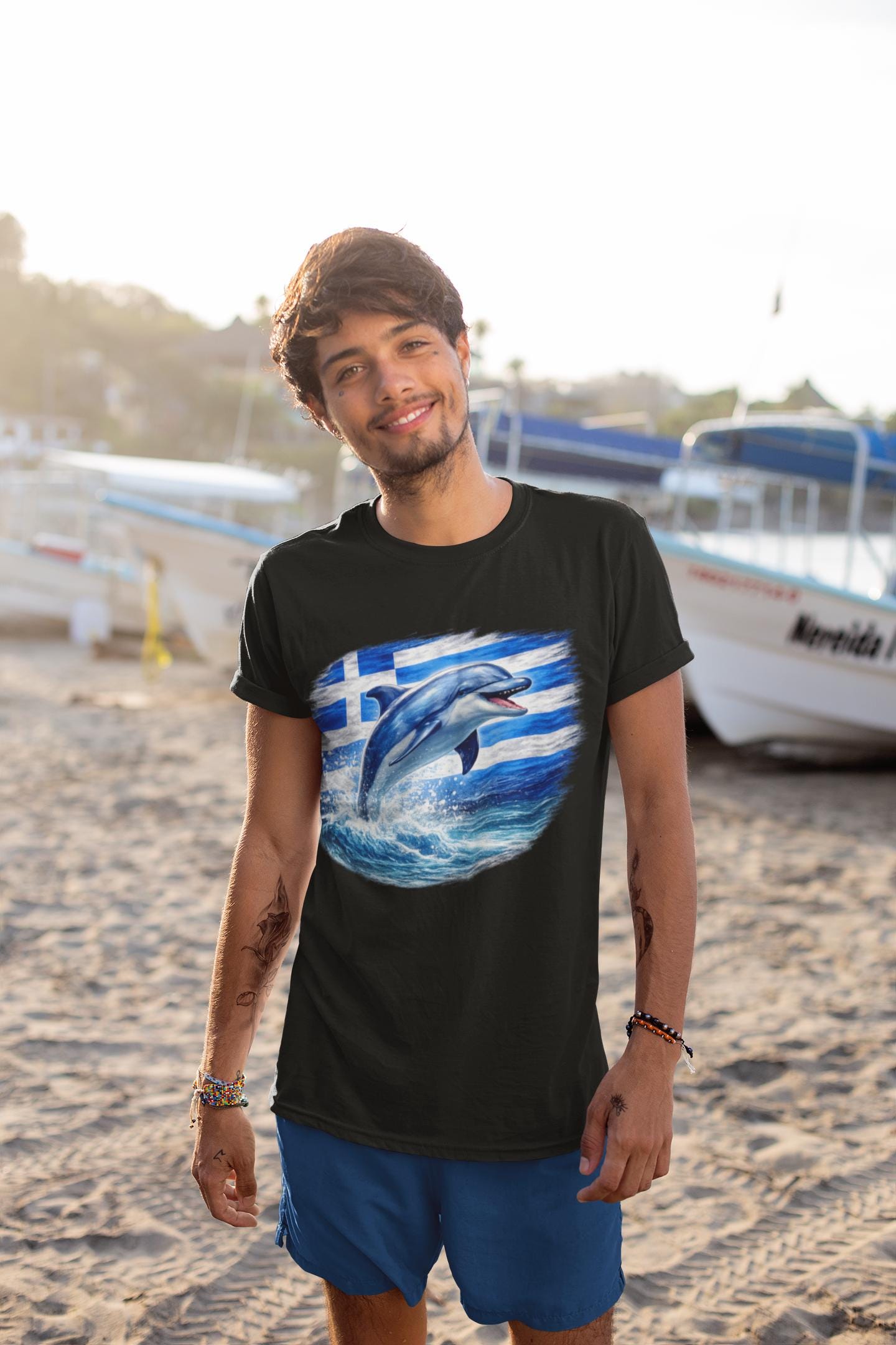 Greece Flag & Leaping Dolphin Art T-Shirt - Mediterranean Sea Greek Pride