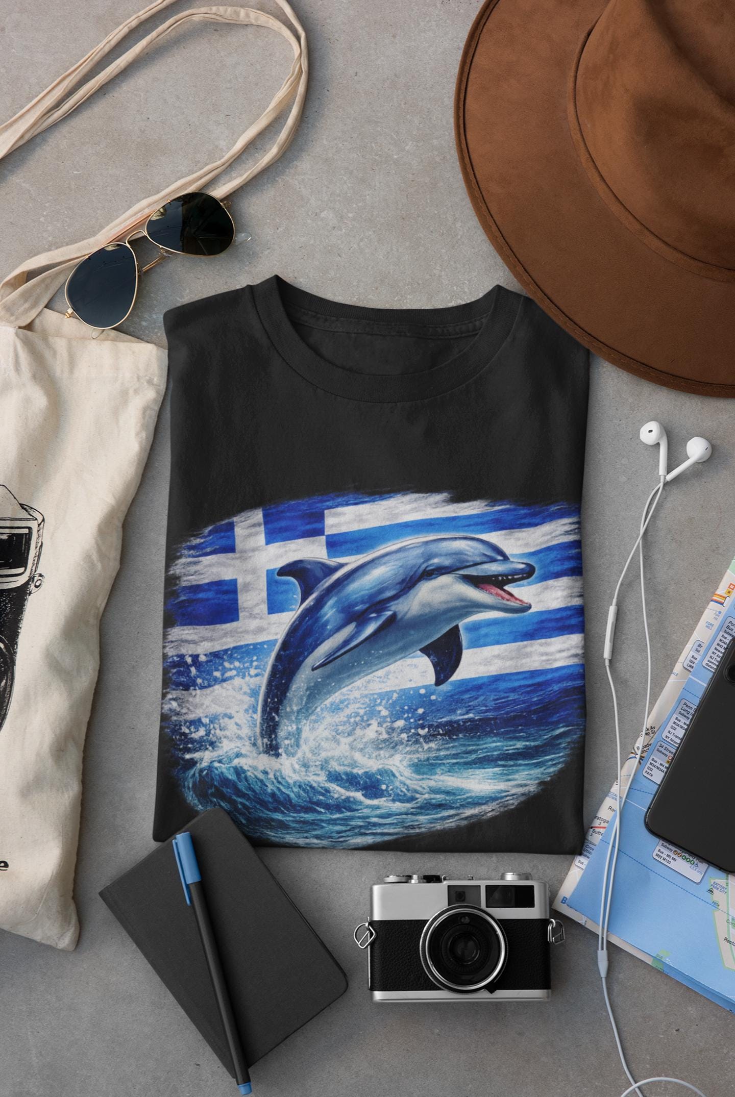 Greece Flag & Leaping Dolphin Art T-Shirt - Mediterranean Sea Greek Pride